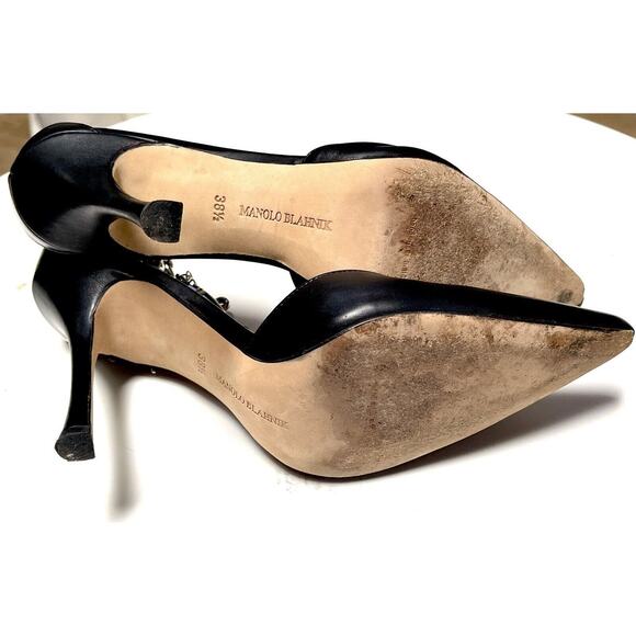 Manolo Blahnik Black Leather Silver Dagger Lock Chain D'Orsay Pumps Heels Italy - Picture 7 of 15